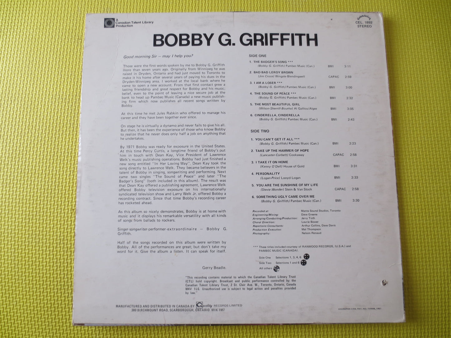 BOBBY G GRIFFITH,  Country Albums, Country Records, Country Lps, Country Music, Vinyl Lp, Bobby G Griffith Lp, 1974 Records