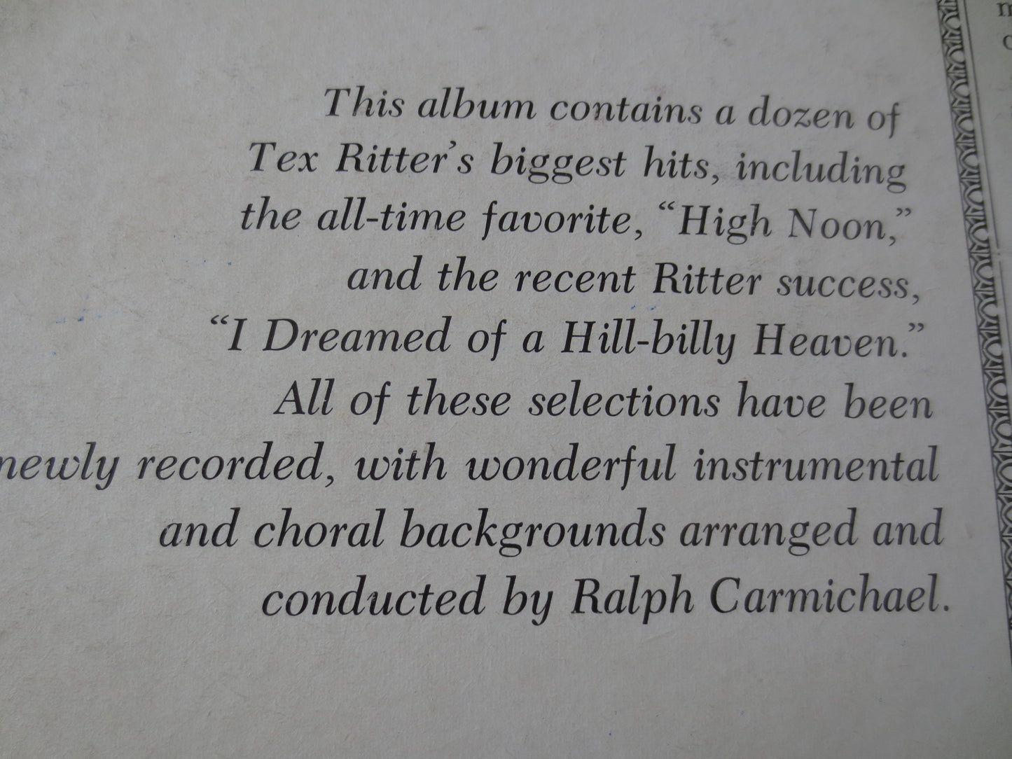 TEX RITTER, Hillbilly HEAVEN, Tex Ritter Record, Tex Ritter Album, Tex Ritter Vinyl, Tex Ritter Lp, Vinyl Lp, 1961 Records