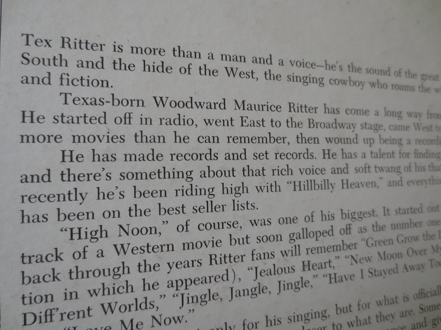 TEX RITTER, Hillbilly HEAVEN, Tex Ritter Record, Tex Ritter Album, Tex Ritter Vinyl, Tex Ritter Lp, Vinyl Lp, 1961 Records