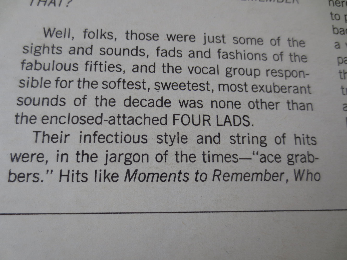 The FOUR LADS Record, Moments To REMEMBER, The Four Lads Album, The Four Lads Vinyl, The Four Lads Lp, Vinyl, 1969 Records