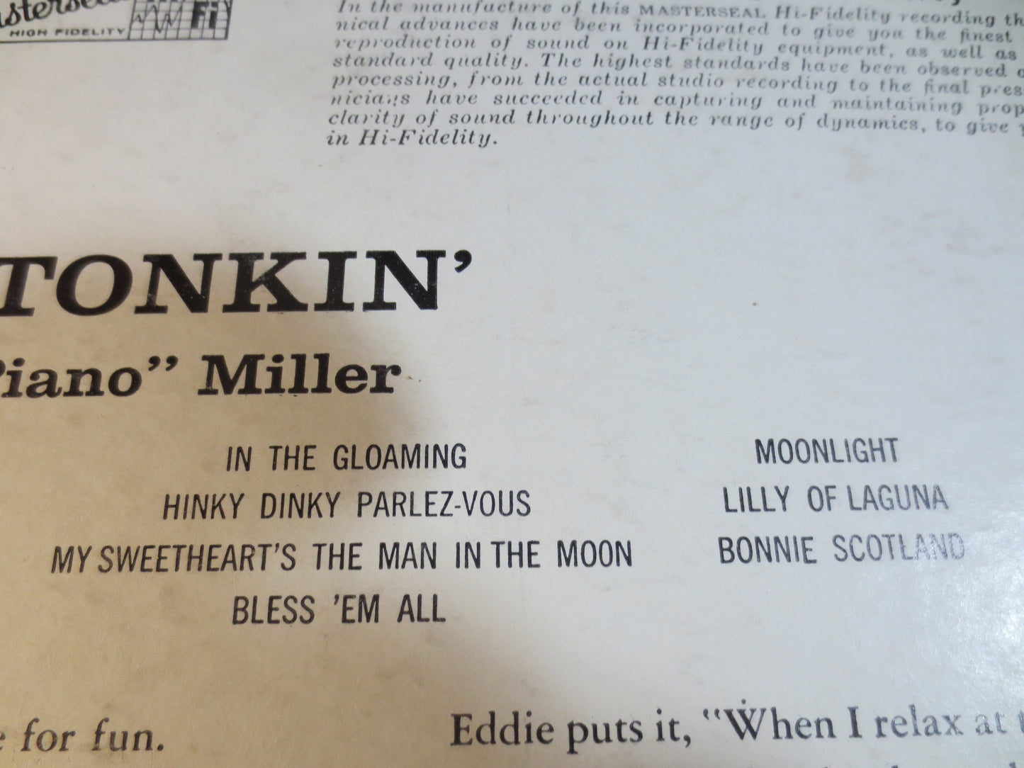 EDDIE "PIANO" MILLER, Honky Tonkin', Ragtime Records, Honky Tonk Records, Eddie Miller Record, Ragtime Lp, Lp, 1957 Records