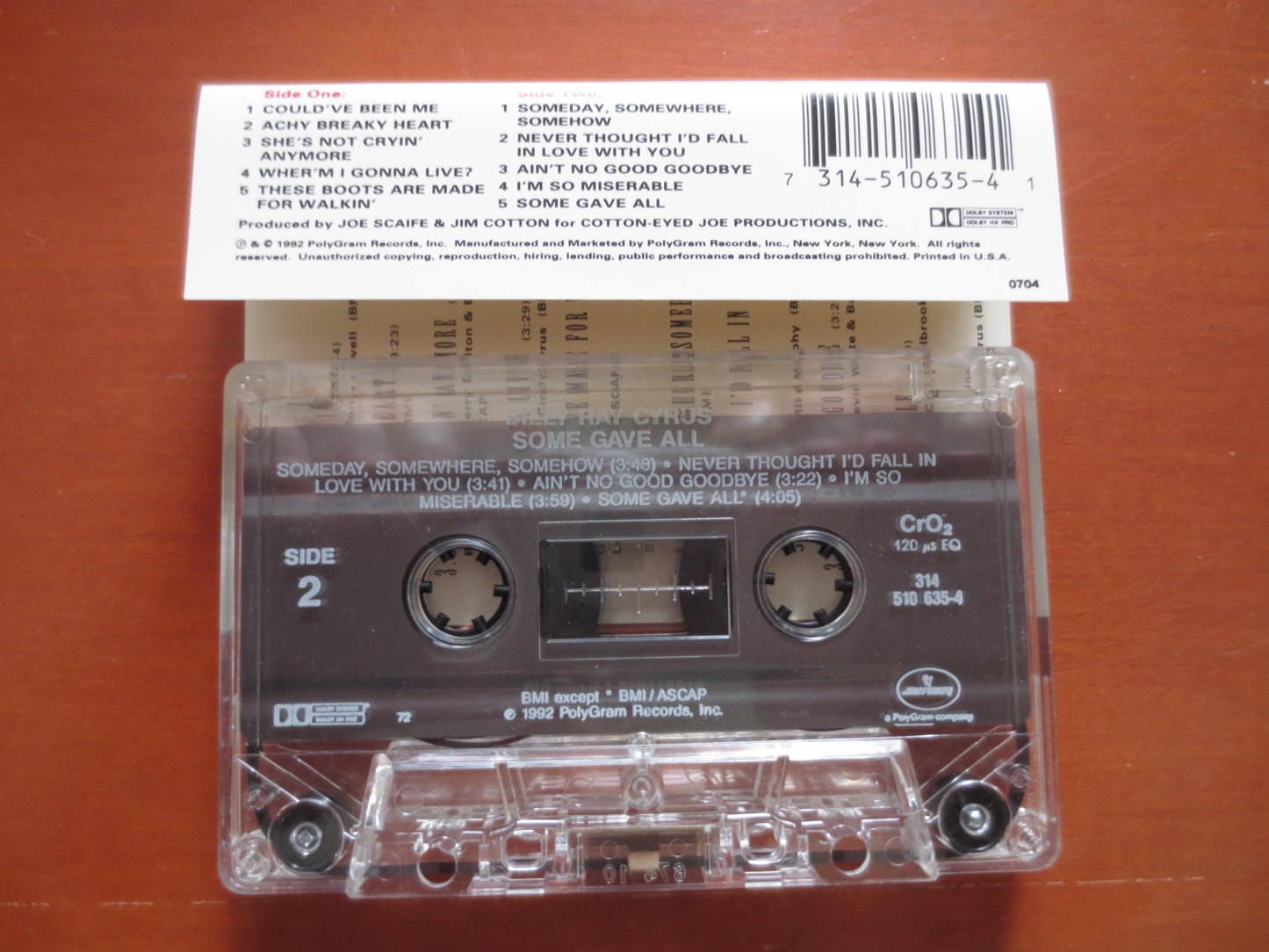 BILLY RAY CYRUS, Country Rock Tape, Billy Ray Cyrus Lp, Tape Cassette, Country Cassette, Rock Cassette, 1992 Cassette