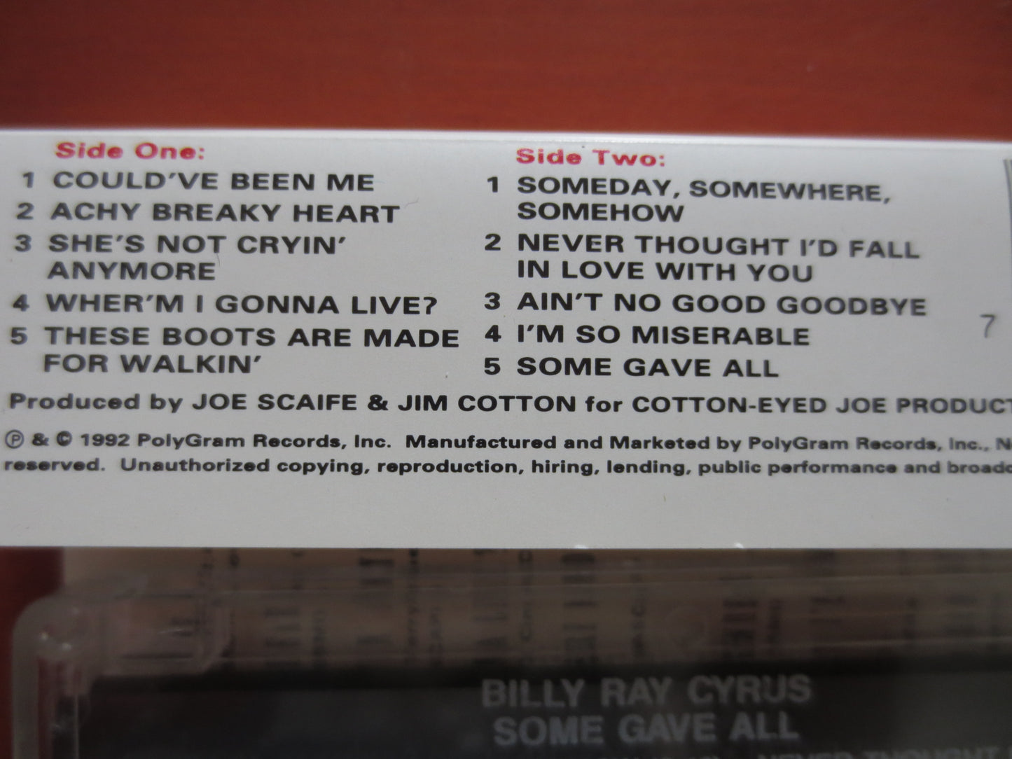 BILLY RAY CYRUS, Country Rock Tape, Billy Ray Cyrus Lp, Tape Cassette, Country Cassette, Rock Cassette, 1992 Cassette