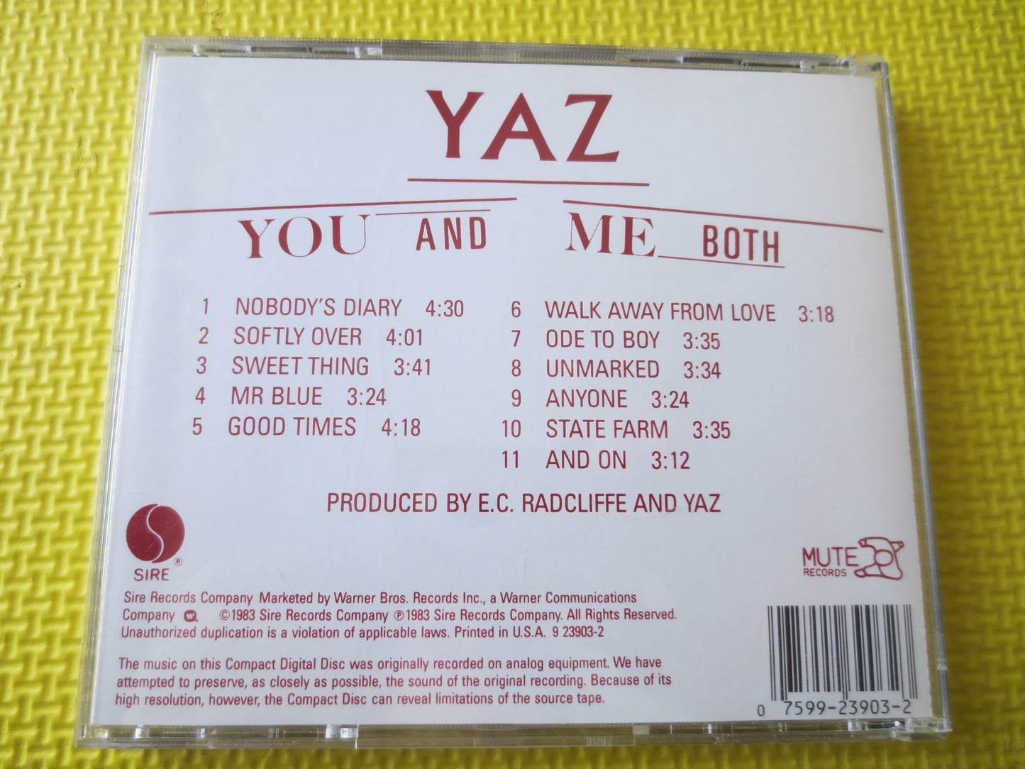 YAZ, You and Me Both, YAZ Cd, Rock Music Cd, YAZ Album, Music Cd, Rock Cd, Yaz lp, Pop Music Cd, Pop Cds, 1987 Compact Disc