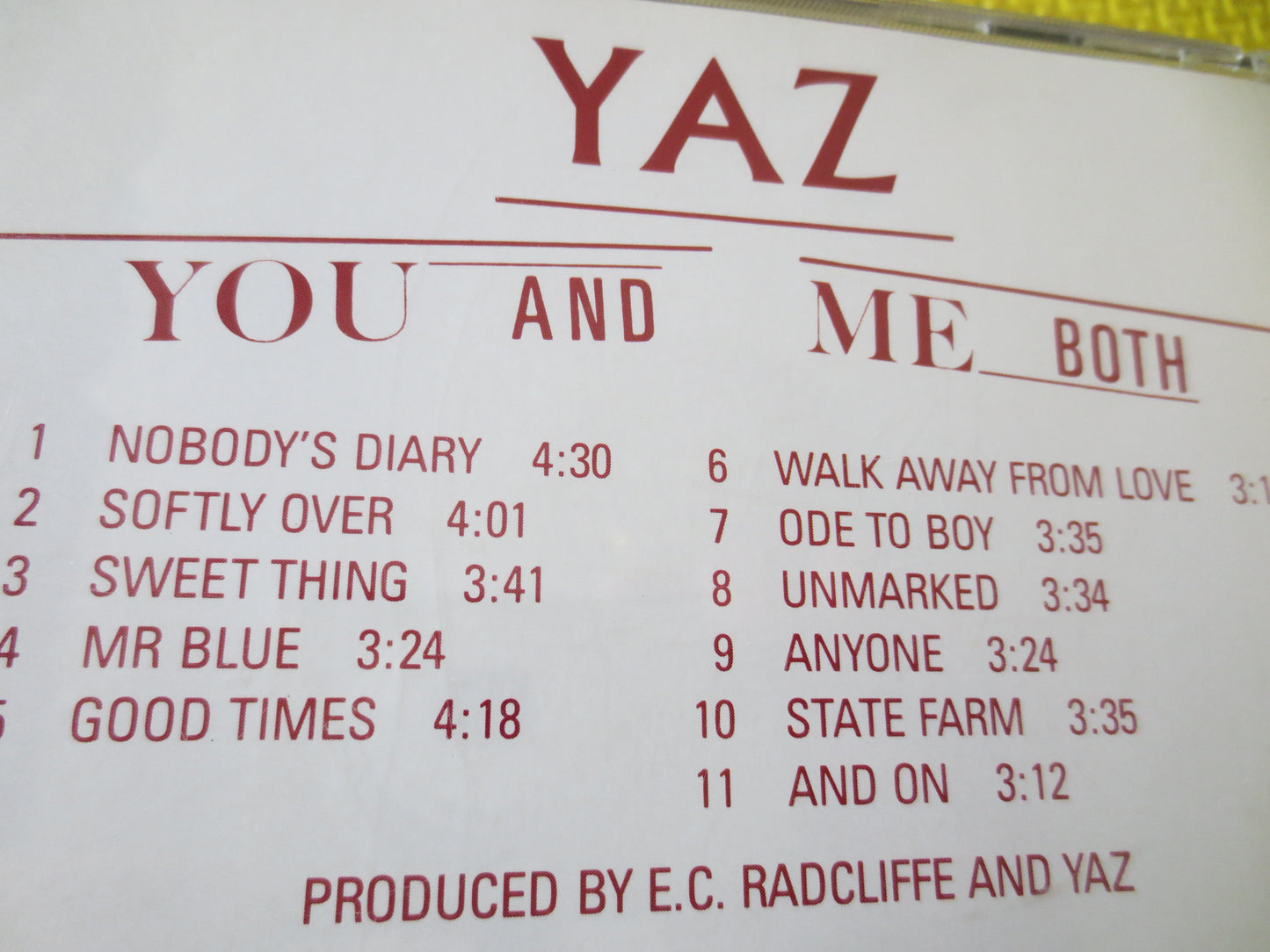 YAZ, You and Me Both, YAZ Cd, Rock Music Cd, YAZ Album, Music Cd, Rock Cd, Yaz lp, Pop Music Cd, Pop Cds, 1987 Compact Disc