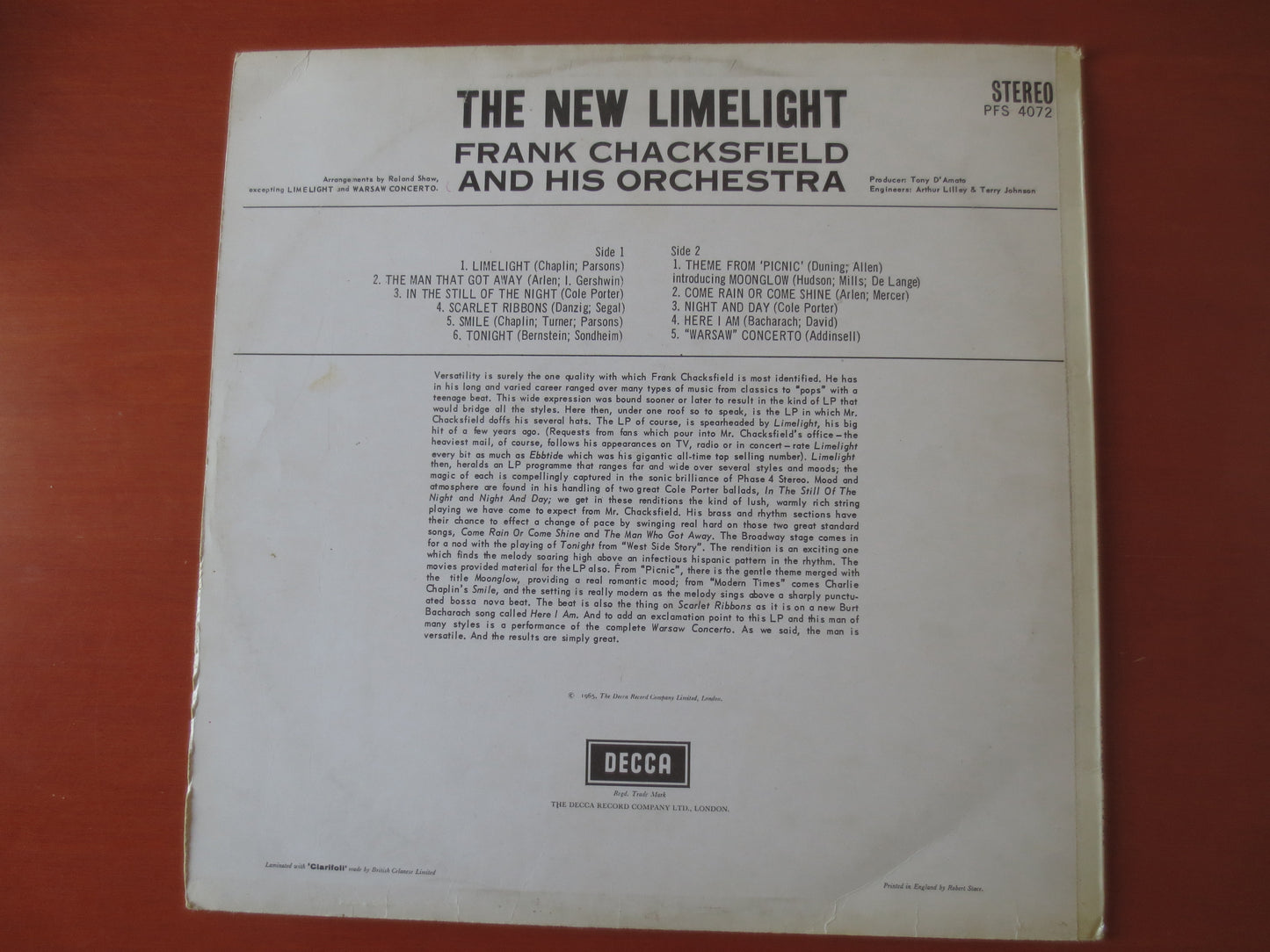 FRANK CHACKSFIELD, Phase 4 Records, The New LIMELIGHT, Jazz Records, Jazz Vinyl, Jazz Albums, Vinyl Record, 1965 Records