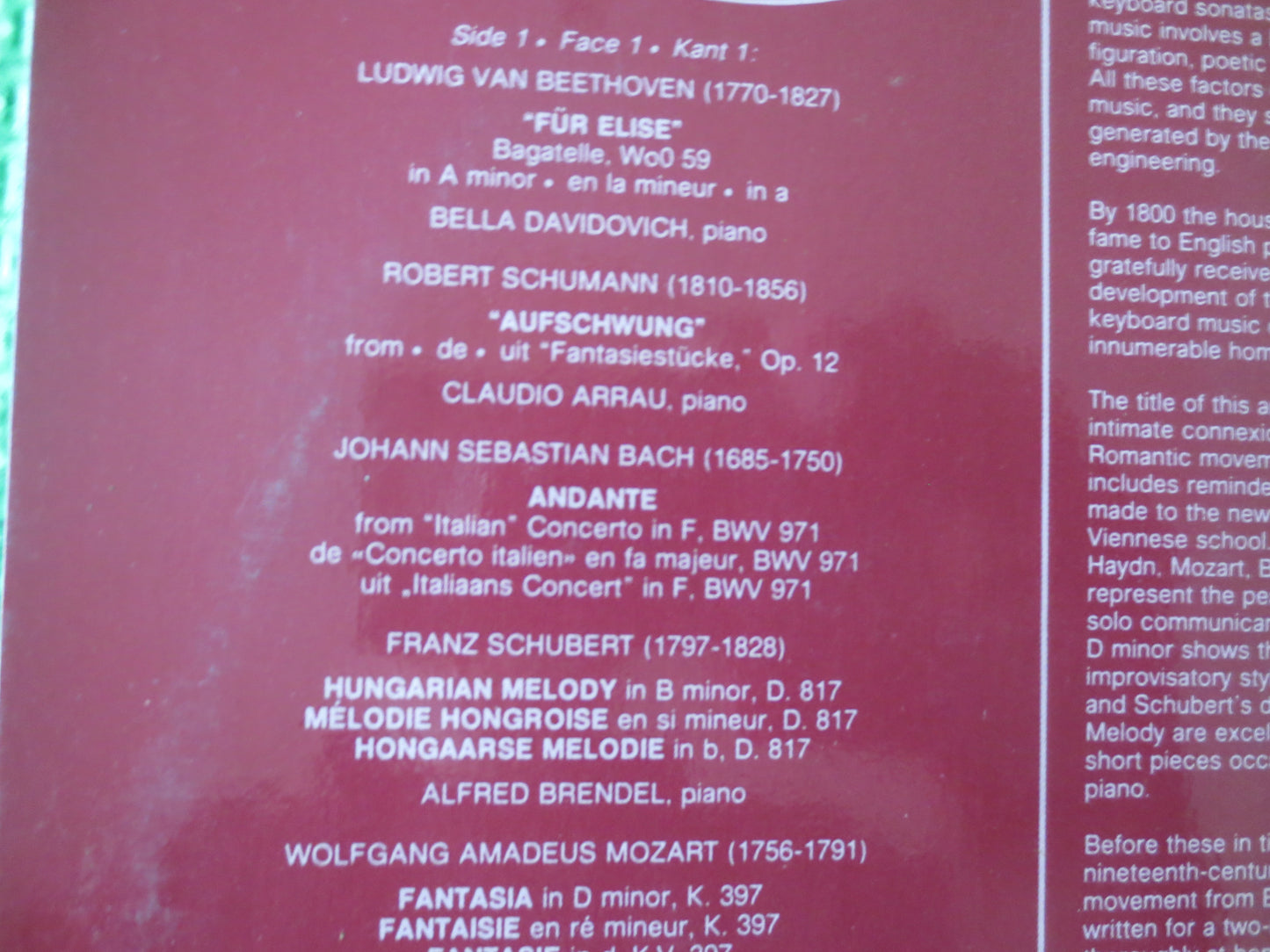 The ROMANTIC PIANO, BEETHOVEN, Mozart, Schuman, Liszt, Gershwin, Rachmaninoff, Chopin, Bach, Classical Record, 1980 Records