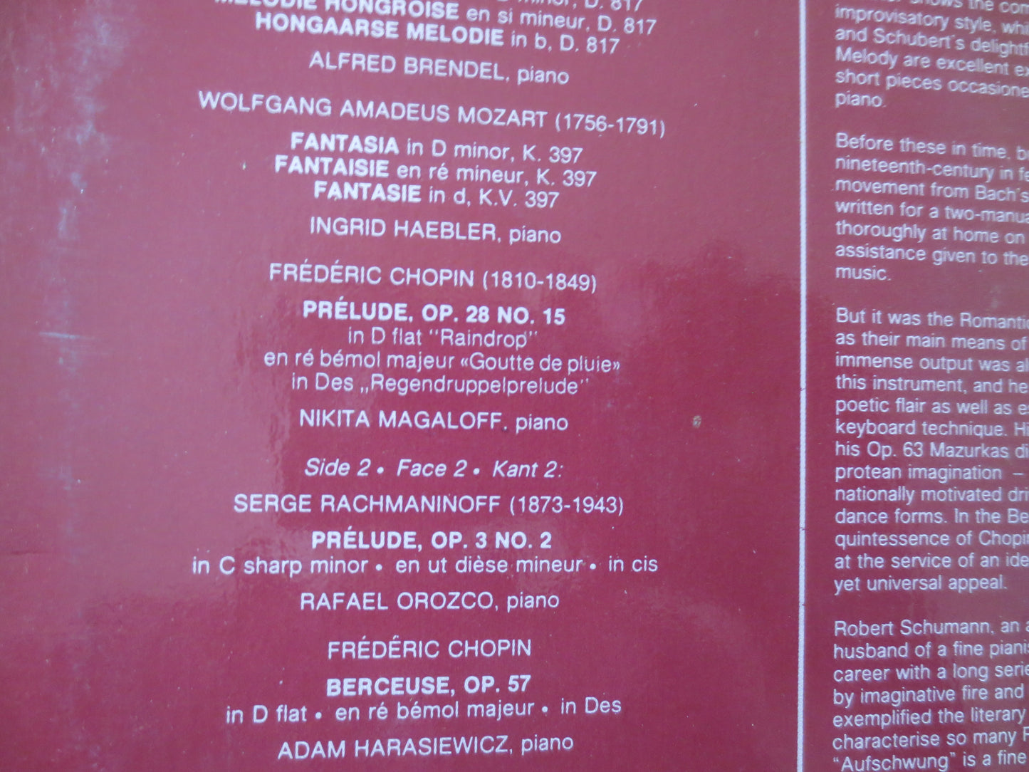 The ROMANTIC PIANO, BEETHOVEN, Mozart, Schuman, Liszt, Gershwin, Rachmaninoff, Chopin, Bach, Classical Record, 1980 Records