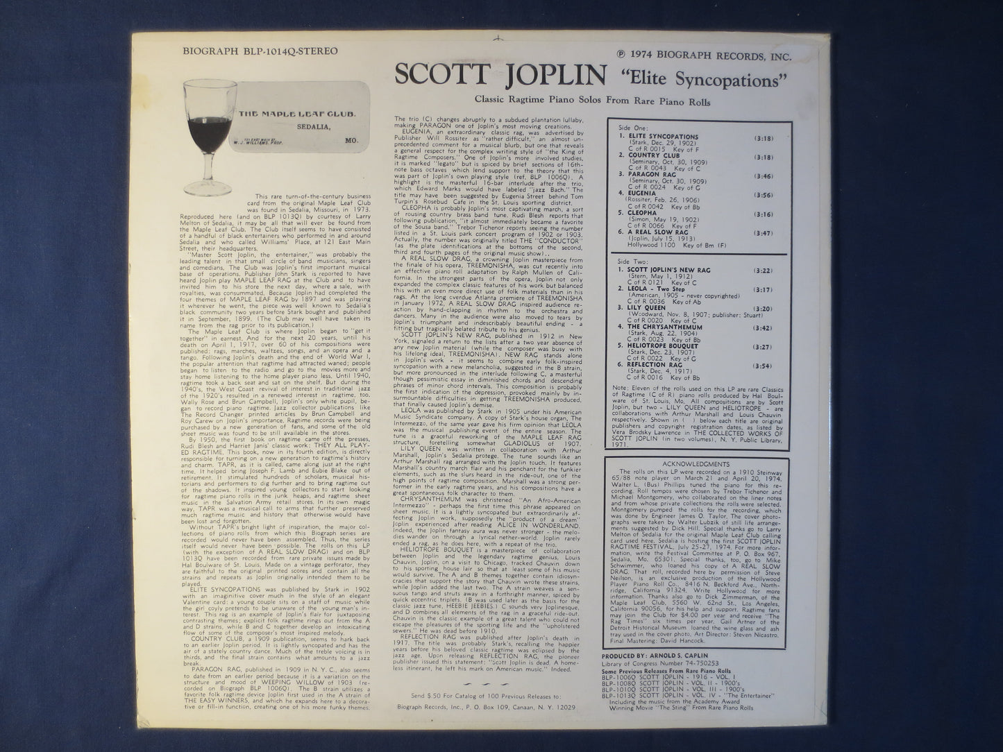 SCOTT JOPLIN, Elite SYNCOPATIONS, Ragtime Records, Honky Tonk Records, Biograph Records, Vinyl Record, Vinyl, 1974 Records