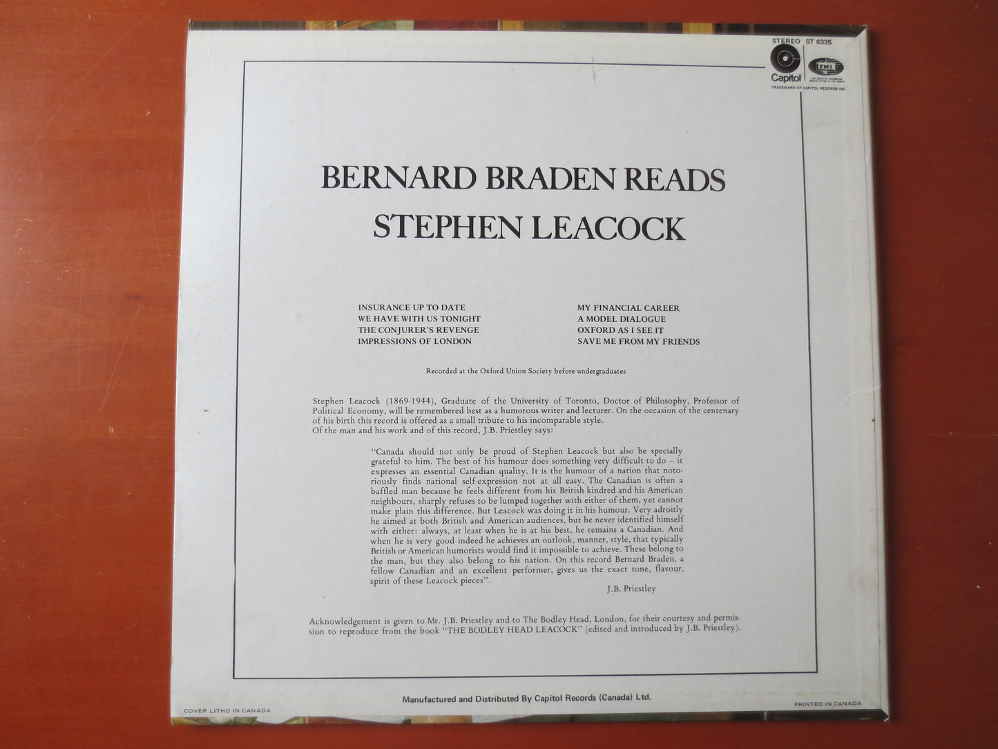 BERNARD BRADEN, STEPHEN Leacock, Vocal Records, Bernard Braden Lps, Story Records, Humor Albums, Comedy Lps, 1969 Records