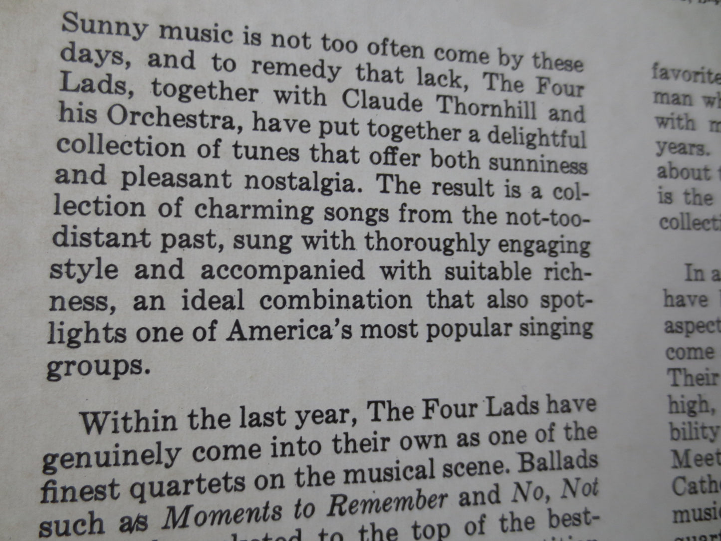 The FOUR LADS Record, On The SUNNY Side,  The Four Lads Album, The Four Lads Vinyl, The Four Lads Lp, Vinyl, 1956 Records