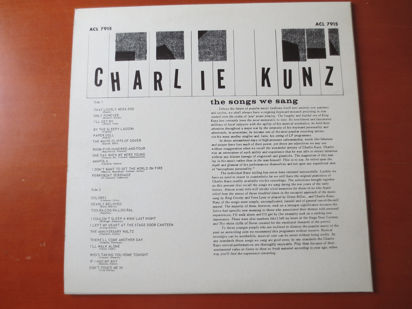 CHARLIE KUNZ, SONGS We Sang, Charlie Kunz Records, Jazz Record, Vintage Vinyl, Charlie Kunz Albums, Vinyl lps, 1961 Records