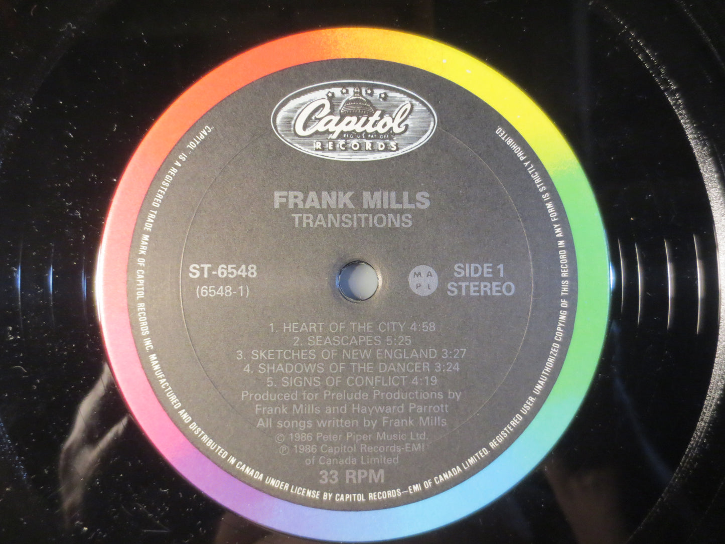 FRANK MILLS, TRANSITIONS, Frank Mills Record, Classical Record, Frank Mills Album, Frank Mills Lp, Vinyl Lps, 1986 Records