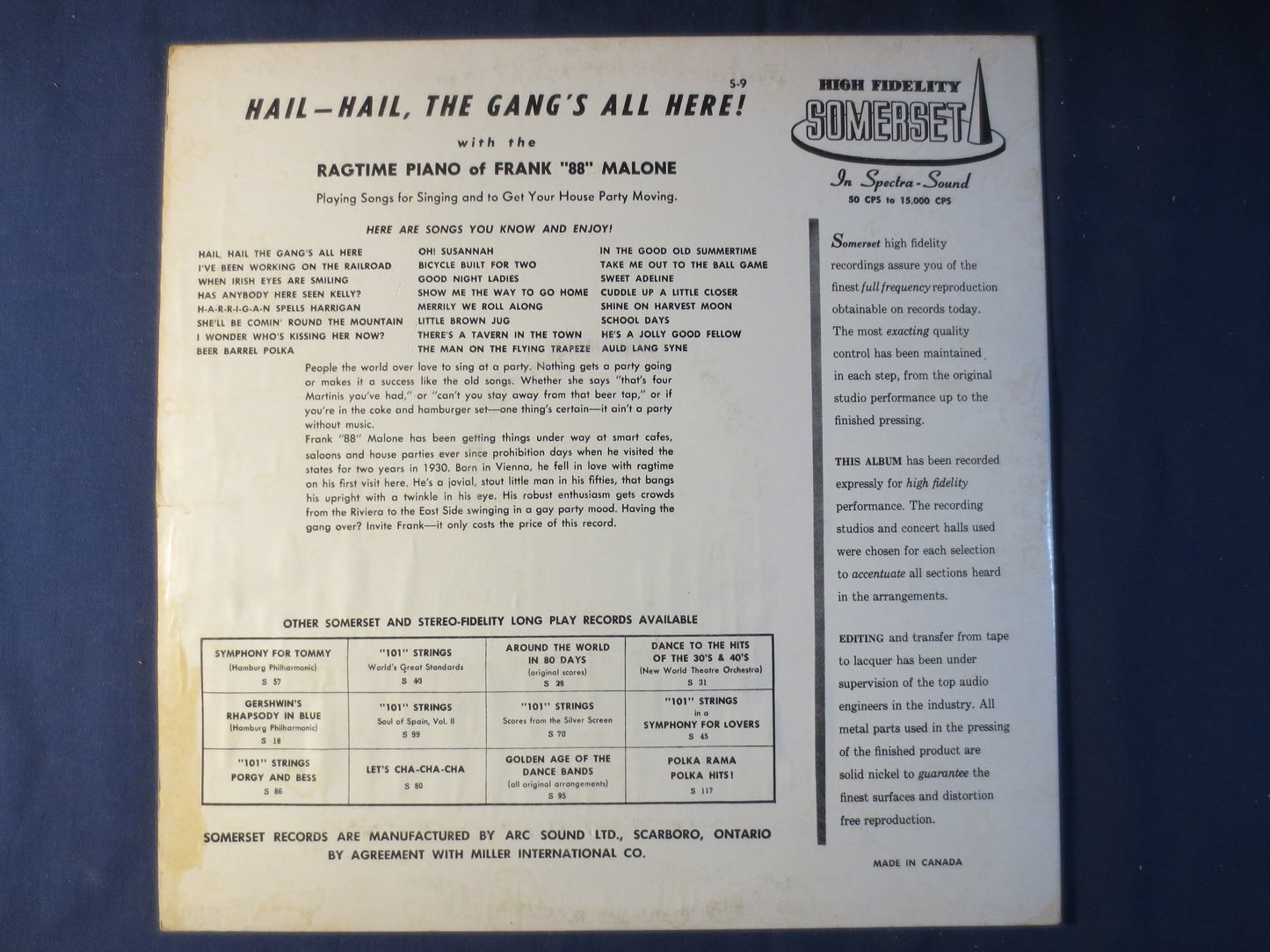 FRANK MALONE Record, HAIL Hail the Gangs All Here, Frank Malone Album, Frank Malone Vinyl, Frank Malone Lp, 1958 Records