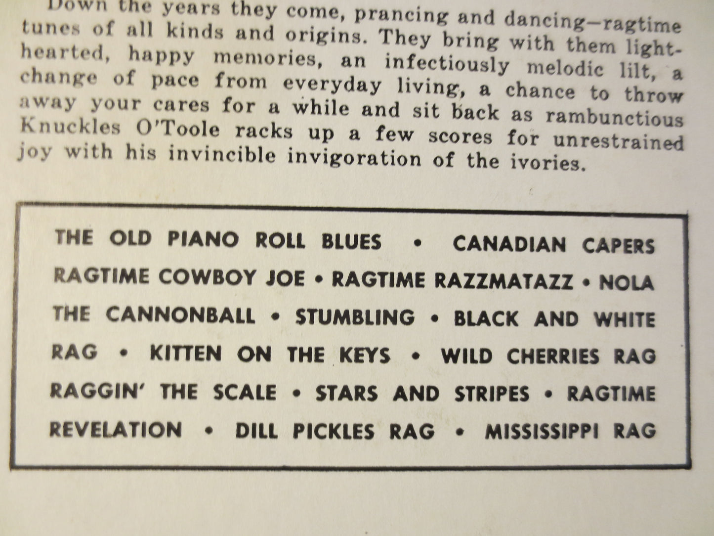 KNUCKLES O'TOOLE, RAGTIME Records, Honky Tonk Records, Ragtime Lp, Ragtime Album, Honky Tonk Album, Vinyl Lp, 1955 Records