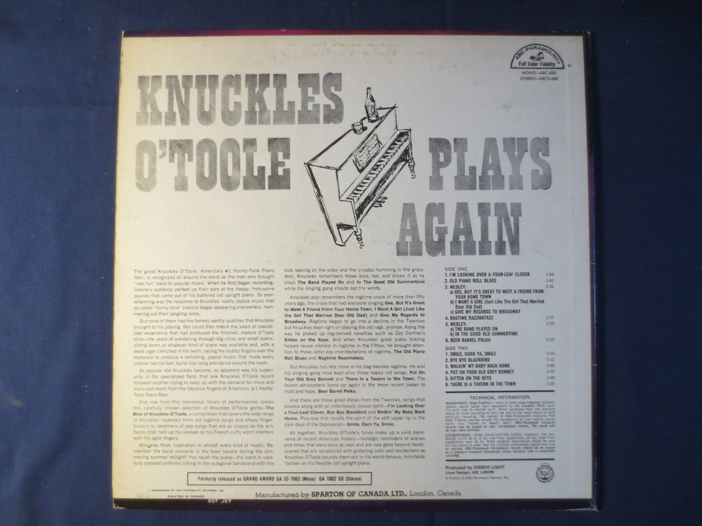 KNUCKLES O'TOOLE, PLAYS Again, Dick Hyman Records, Ragtime Records, Vintage Vinyl, Vinyl Record, Vinyl, Honky Tonk Records