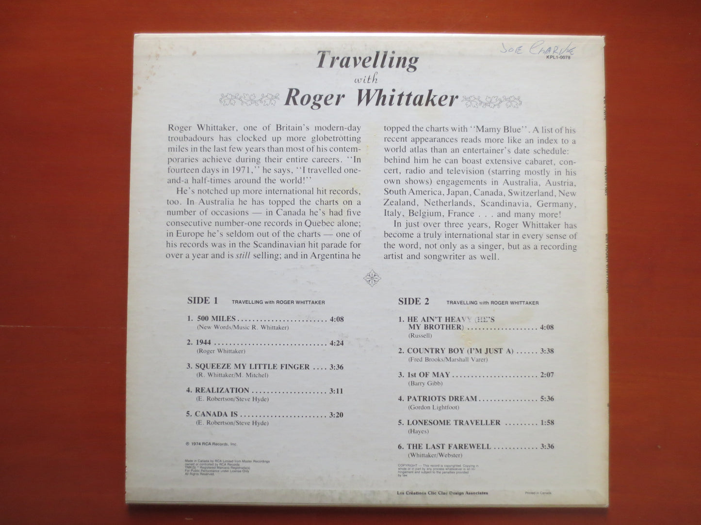 ROGER WHITTAKER, TRAVELLING, Folk Records, Country Records, Vintage Vinyl, Record Vinyl, Records, Vinyl Lps, 1974 Records