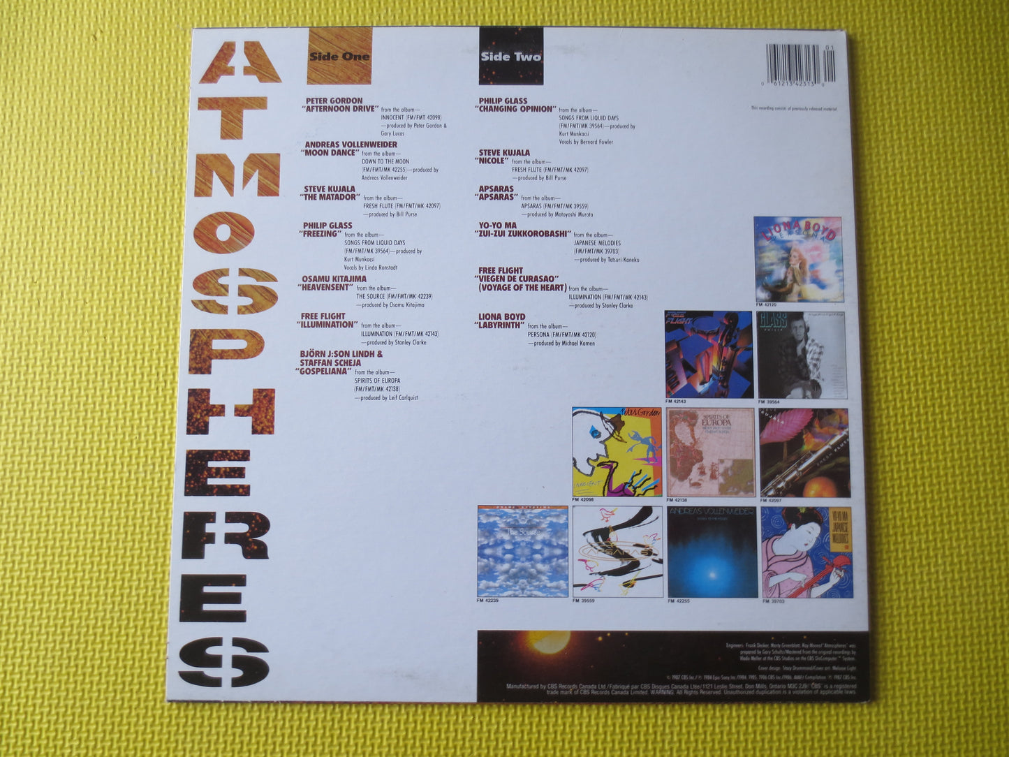 ATMOSPHERES, Philip Glass Lp, Yo-Yo Ma Records, Liona Boyd Album, Free Flight Lp, Jazz Records, Jazz Albums, 1987 Records