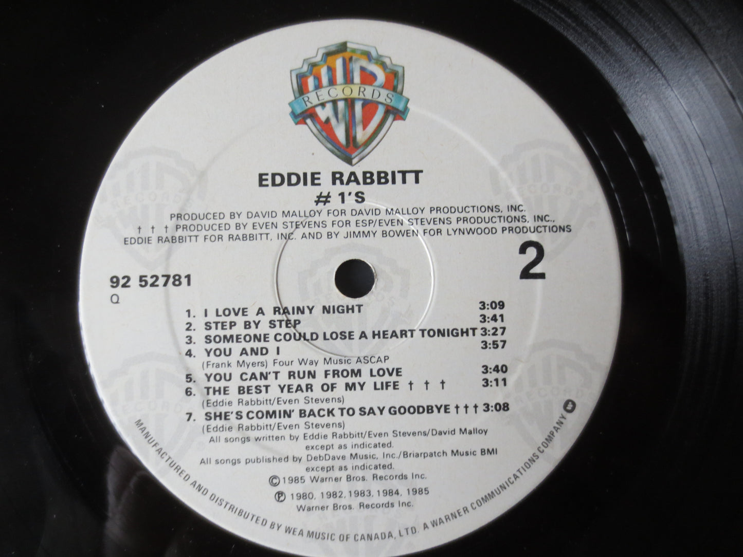 EDDIE RABBITT, Number ONE's, Eddie Rabbitt Record, Country Records, Eddie Rabbitt Album, Eddie Rabbitt Lp, Lp, 1985 Records