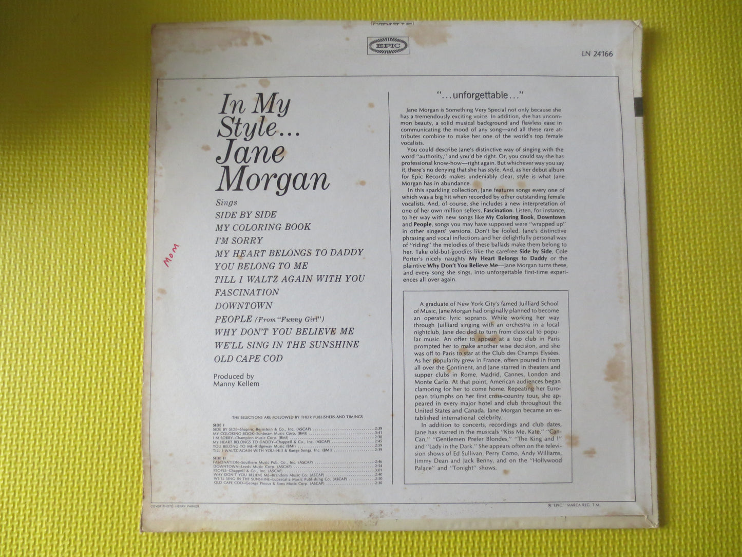 JANE MORGAN, In MY Style, Jazz Records, Jazz Vinyl, Vintage Vinyl, Jane Morgan Records, Vinyl, Vinyl Records, 1965 Records