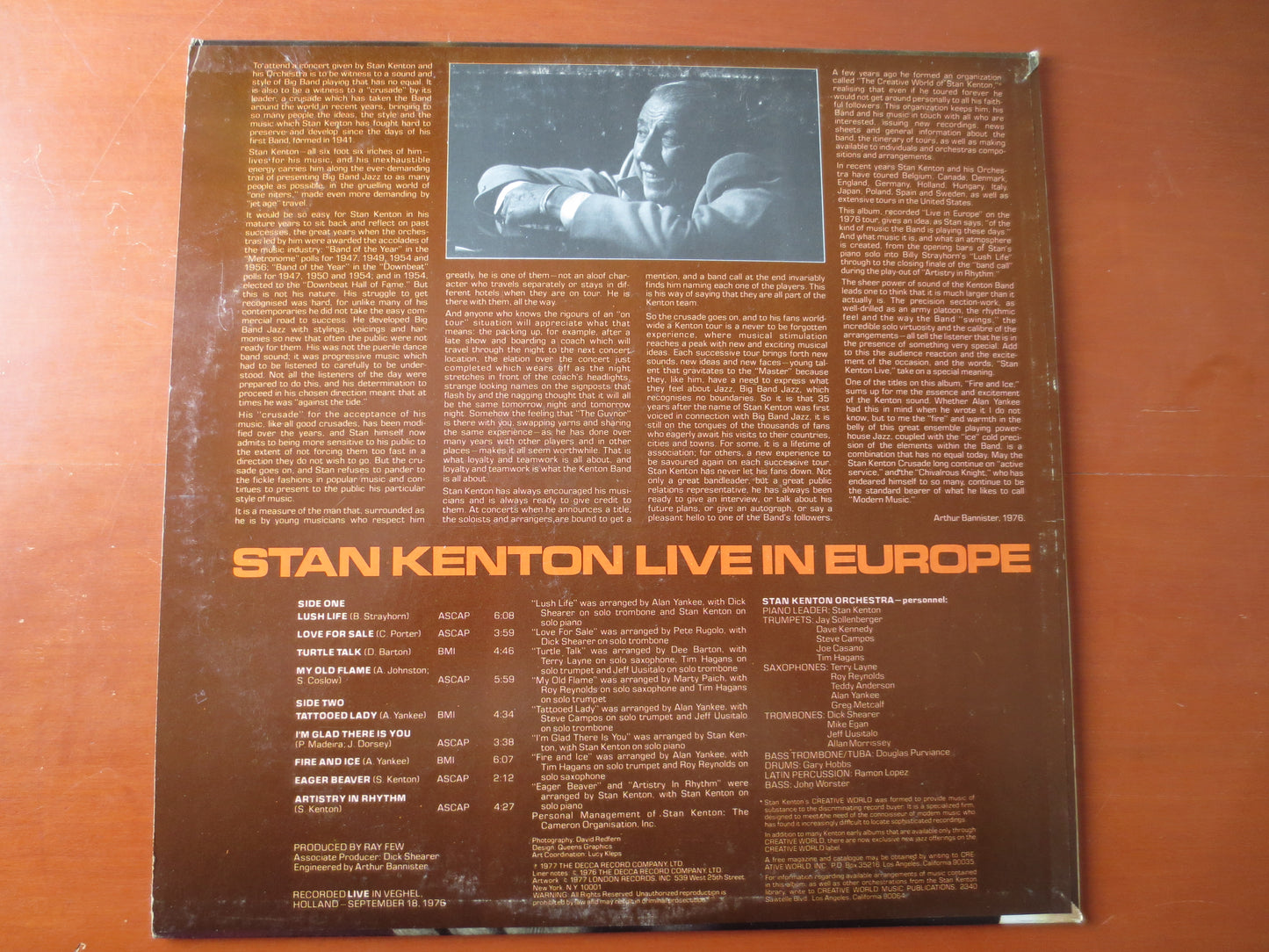 STAN KENTON, LIVE in Europe, Stan Kenton Records, Stan Kenton Albums, Stan Kenton Lp, Jazz Albums, Vinyl Lp, 1976 Records