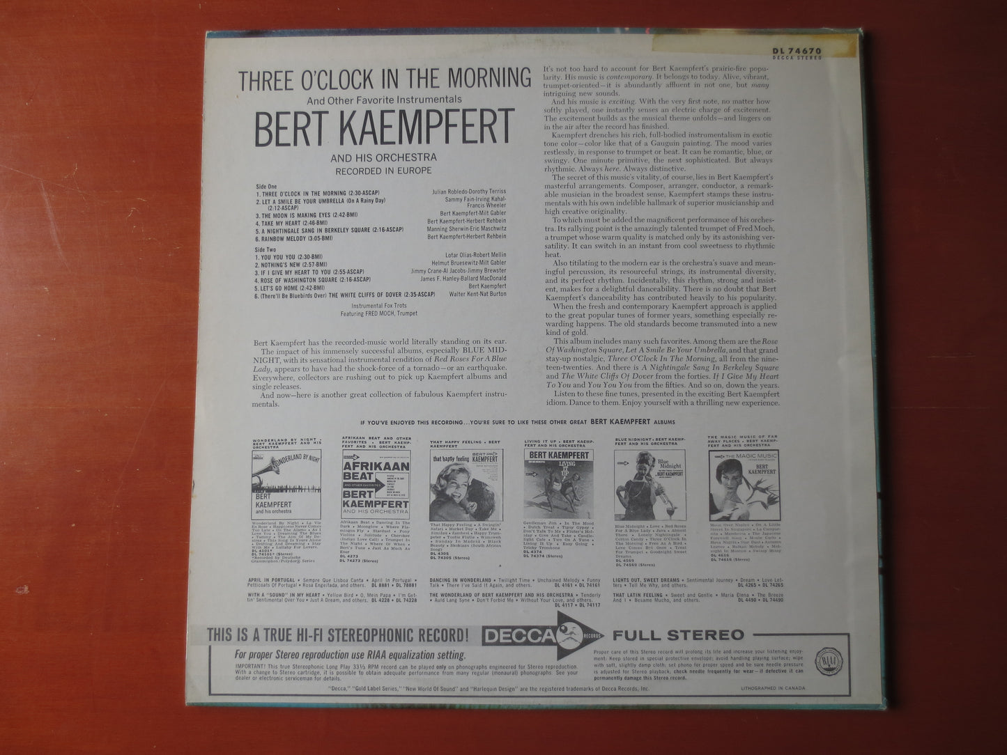 BERT KAEMPFERT, THREE O'clock, Bert Kaempfert Album, Jazz Records, Jazz Album, Bert Kaempfert Music, Vinyl lp, 1965 Records