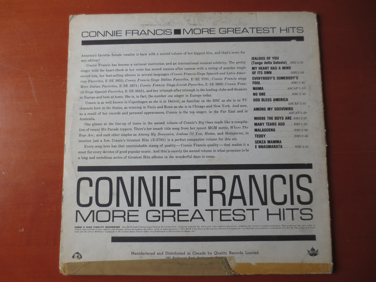 CONNIE FRANCIS, More GREATEST Hits, Connie Francis Vinyl, Connie Francis Album, Vinyl Record, Record Vinyl, 1961 Records