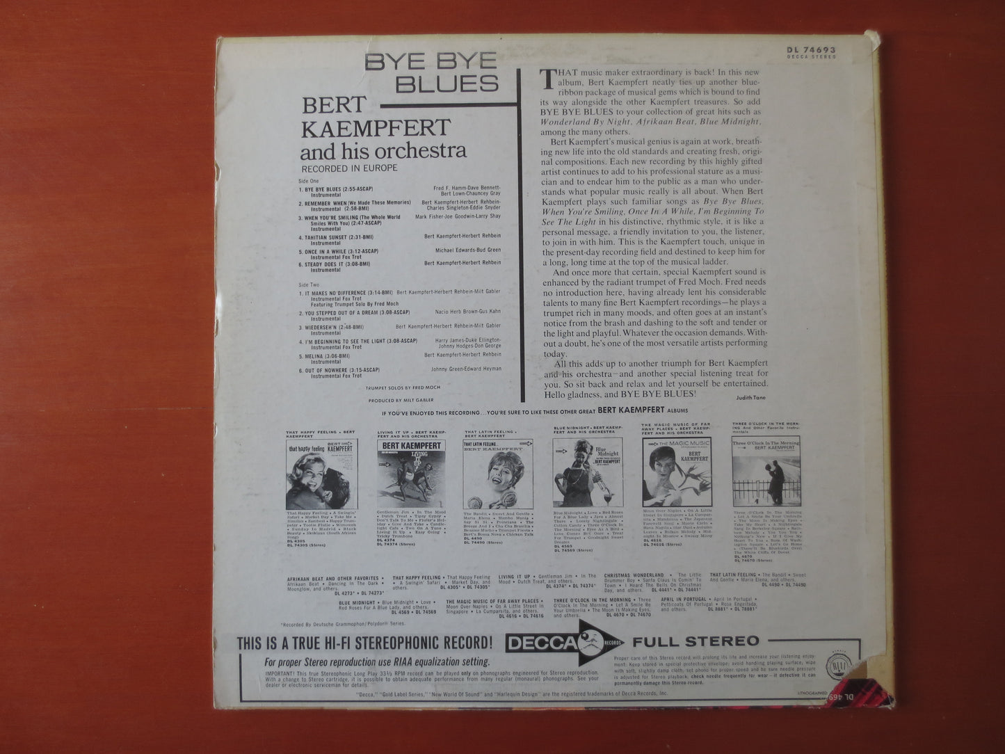 BERT KAEMPFERT, BYE Bye Blues, Bert Kaempfert Album, Jazz Records, Jazz Album, Bert Kaempfert Music, lps, 1965 Records