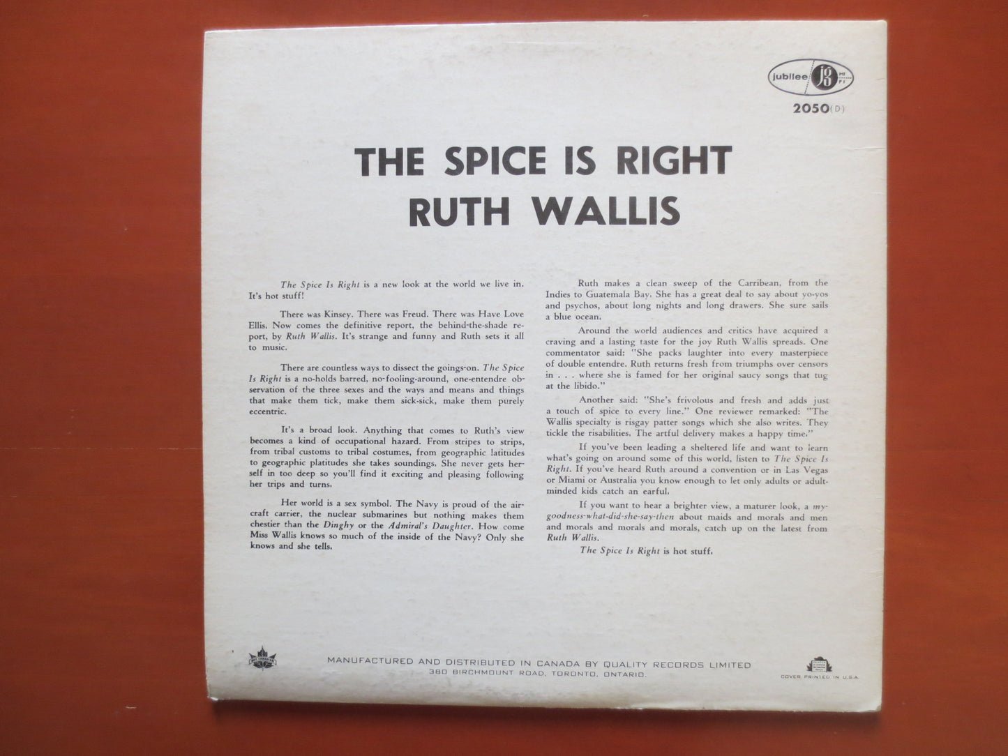 RUTH WALLIS, RUTH WALLIS Record, The SPICE is Right, Ruth Wallis Album, Ruth Wallis Vinyl, Ruth Wallis Lp, Vinyl Album, Lp, 1963 Records