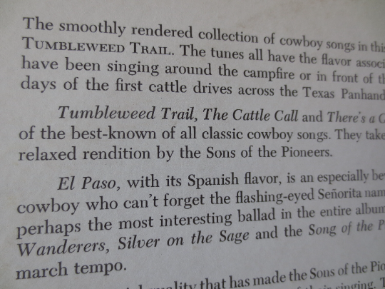 SONS of the PIONEERS, TUMBLEWEED Trail, Cowboy Vinyl, Cowboy Albums, Country Vinyl, Country Albums, Lps, 1962 Records