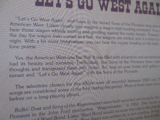 SONS of the PIONEERS, Let's Go WEST Again, Cowboy Vinyl, Cowboy Albums, Country Vinyl, Country Album, Lps, 1981 Records