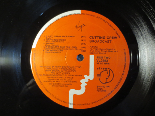 CUTTING CREW, BROADCAST, Cutting Crew Album, Cutting Crew Record, Cutting Crew Lp, Pop Records, Vinyl Records, 1986 Records